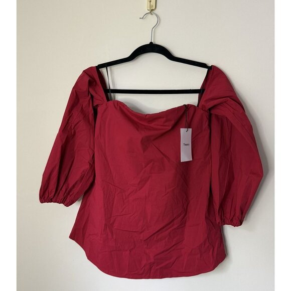 New Theory Laureema Off Shoulder Crimson Red Poplin Blouse Size 0 Quiet Luxury - Picture 1 of 7